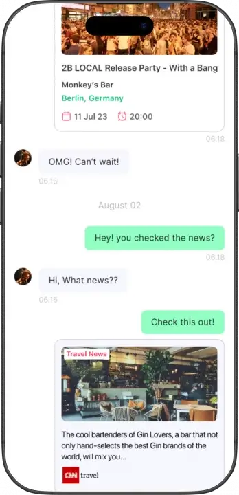 2B LOCAL Mobile screen showing a chat app: an event card for '2B LOCAL Release Party – With a Bang' in Berlin with date/time icons, followed by messages, and a second card labeled 'Travel News' showing a cafe interior.