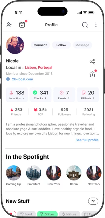 2B LOCAL Profile page for Nicole: avatar, name, location Lisbon, Portugal, member since 2018, bio and quick stats cards (Local tips, Checks, Events, All Posts).