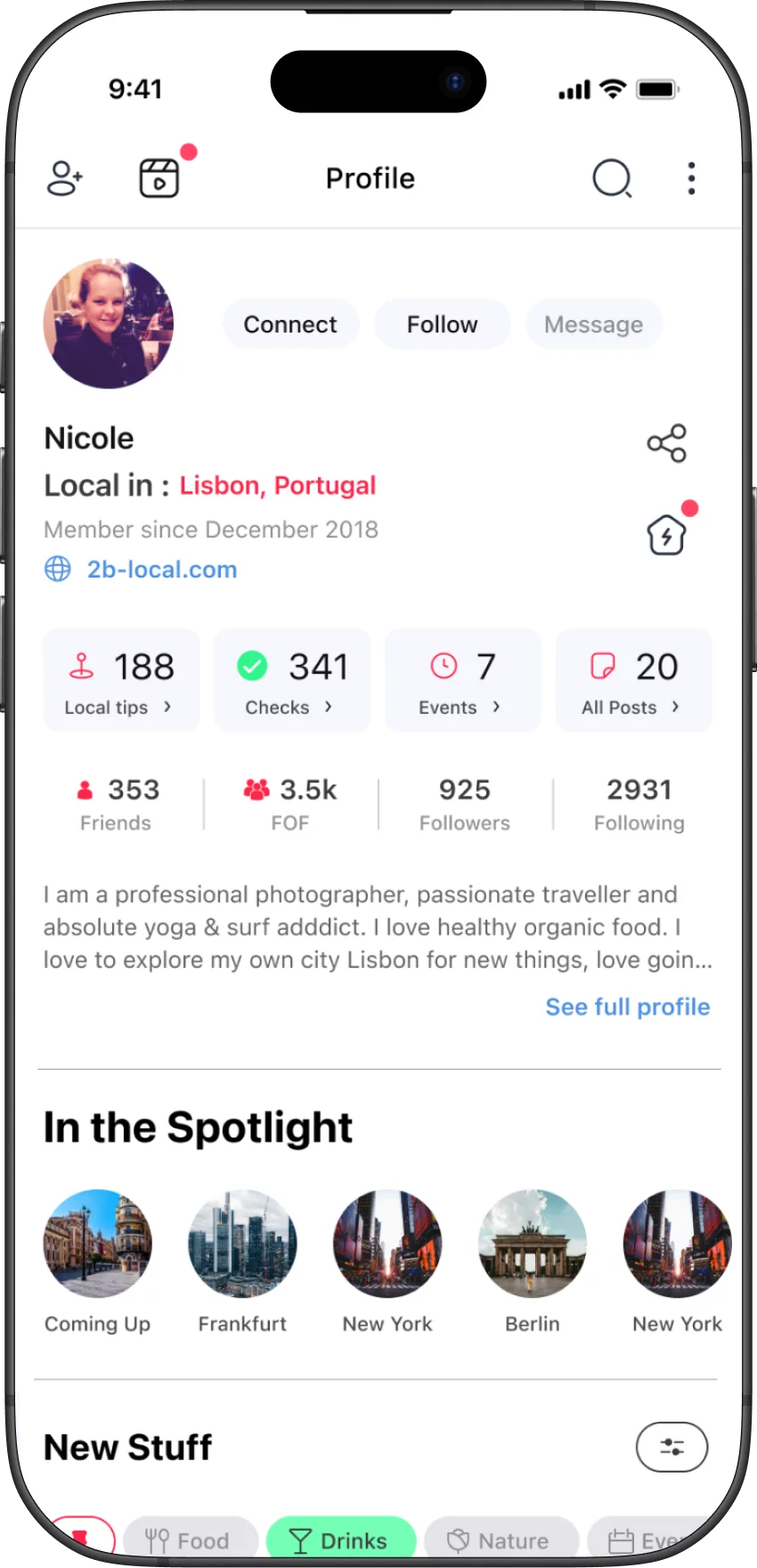 2B LOCAL Profile page for Nicole: avatar, name, location Lisbon, Portugal, member since 2018, bio and quick stats cards (Local tips, Checks, Events, All Posts).