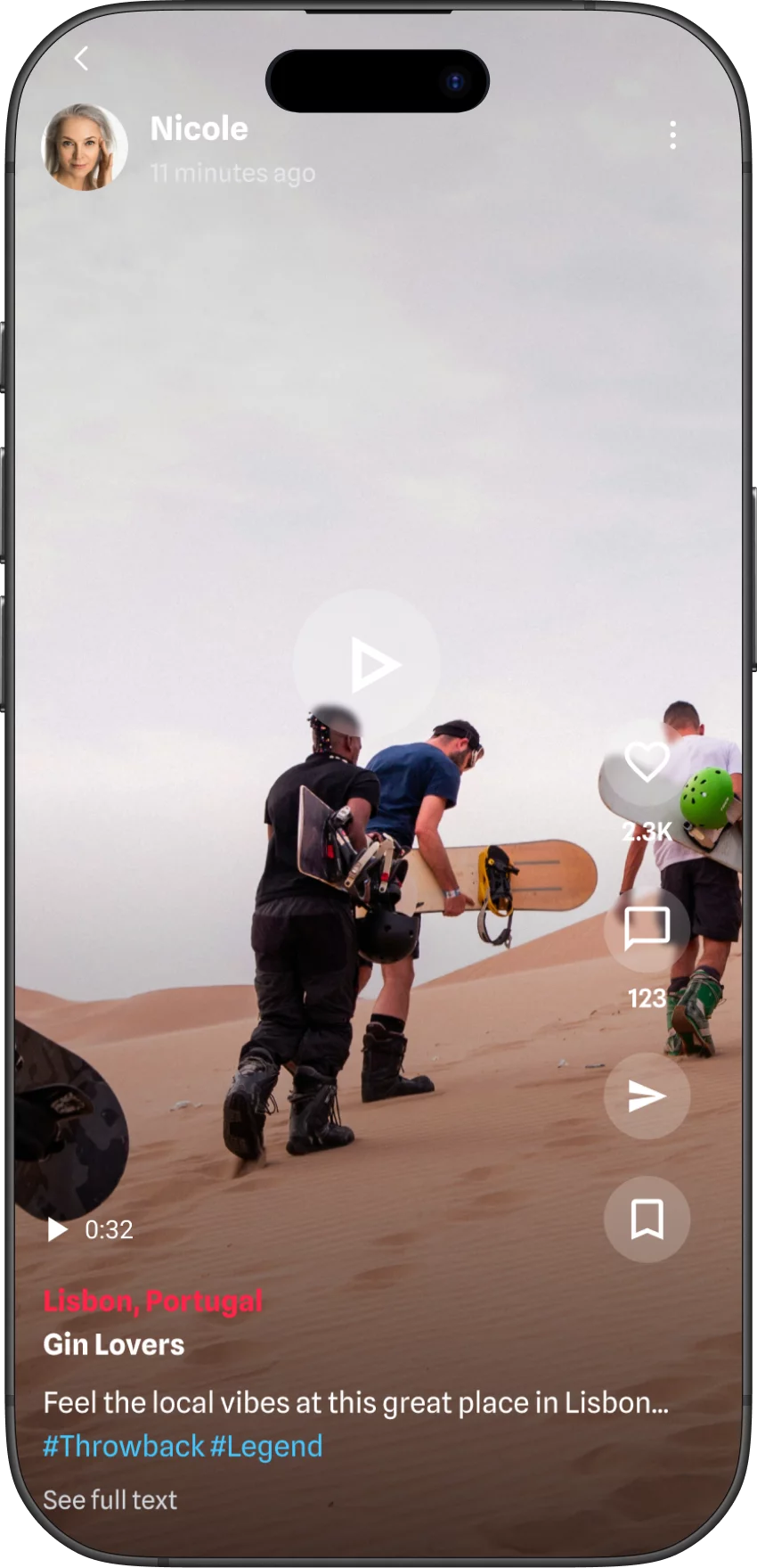 2B LOCAL video / reel screen: Group of people carrying snowboards in sandy desert dunes, preparing to ride.